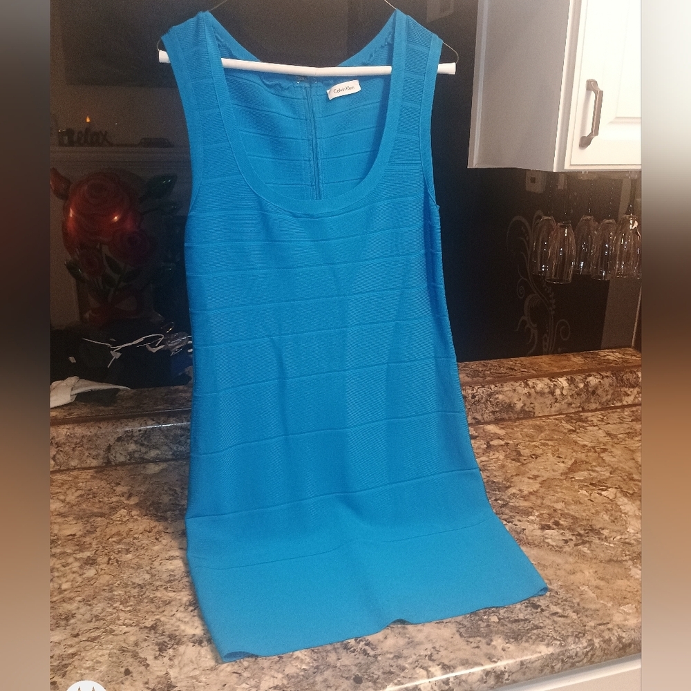 Calvin Klein Teal Blue Ribbed Dress Petite Size Large Extra Large